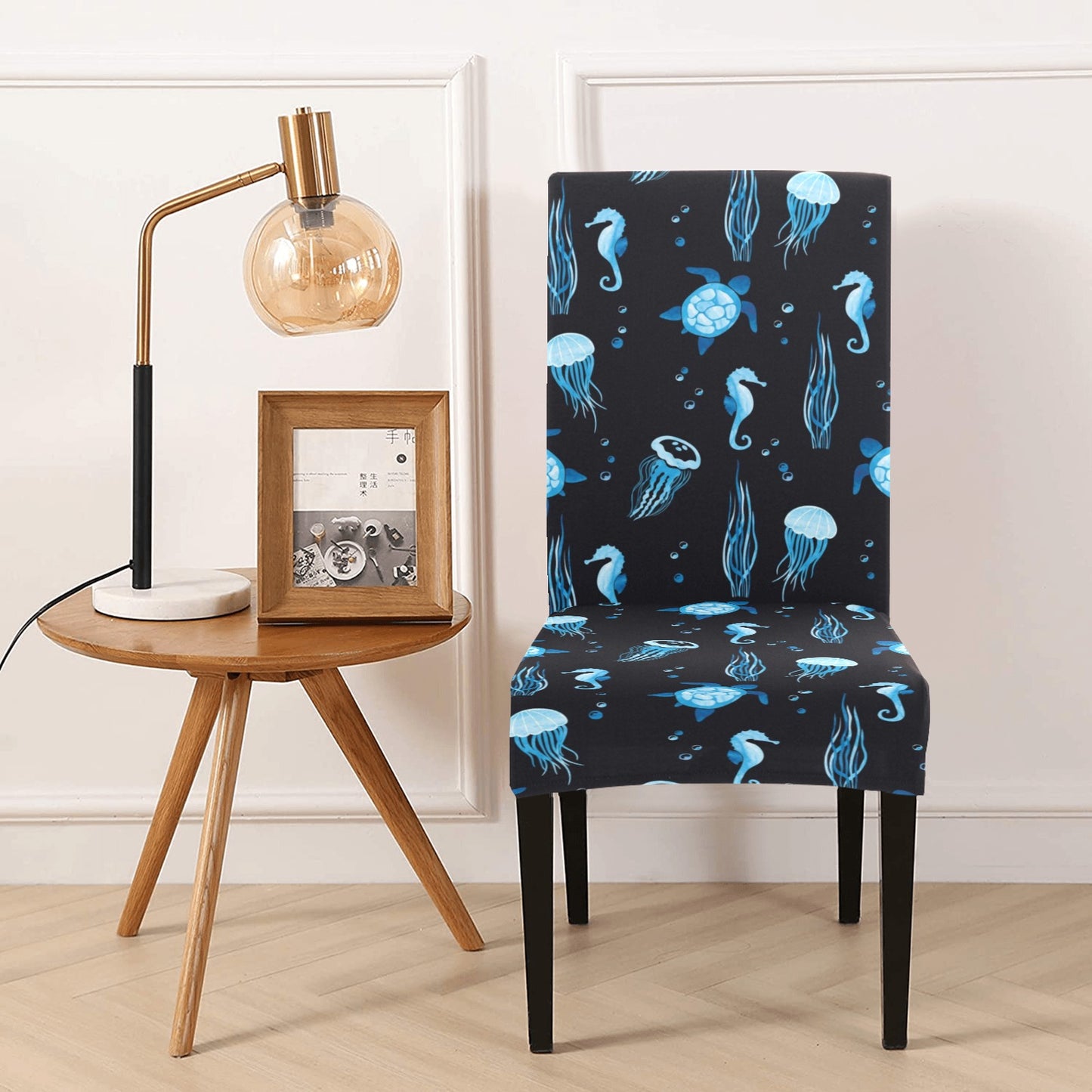 Sea Turtle Jelly Fish Sea Horse Print Design LKS3014 Dining Chair Slipcover