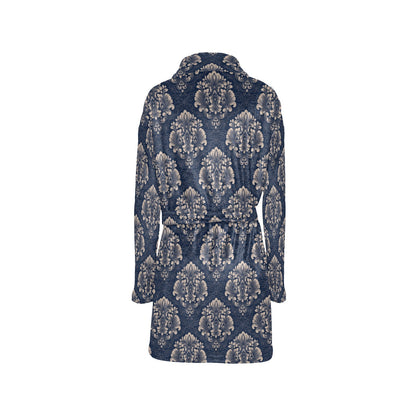 Damask Blue Luxury Print Pattern Women's Fleece Robe