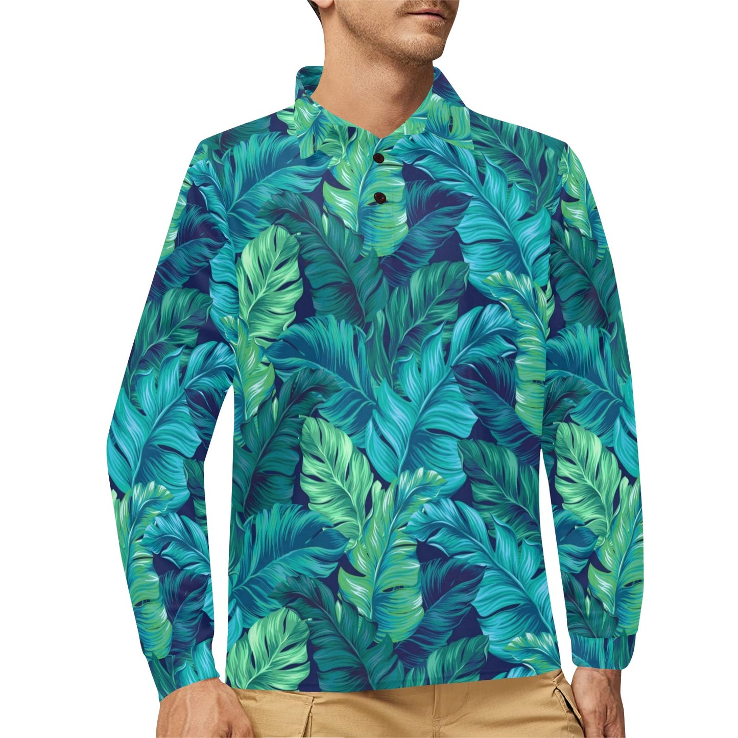 Banana Leaf Pattern Print Design BL05 Long Sleeve Polo Shirt For Men's