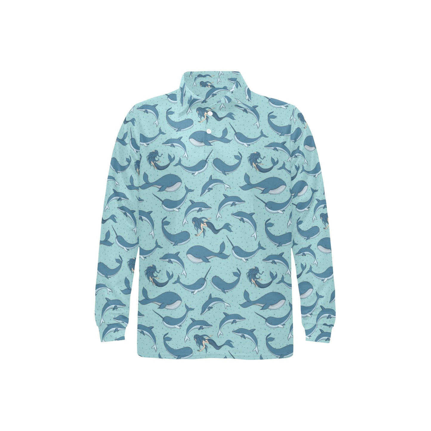 Narwhal Themed Print Long Sleeve Polo Shirt For Men's