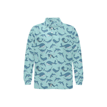 Narwhal Themed Print Long Sleeve Polo Shirt For Men's