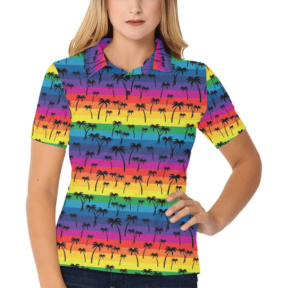 Palm Tree Rainbow Themed Print Women's Polo Shirt