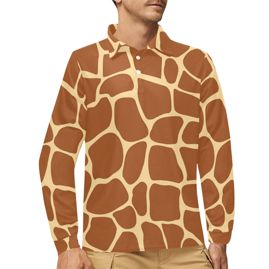 Giraffe Texture Print Long Sleeve Polo Shirt For Men's