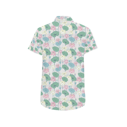 Water Lily Print Design LKS305 Men Short Sleeve Button Up Shirt