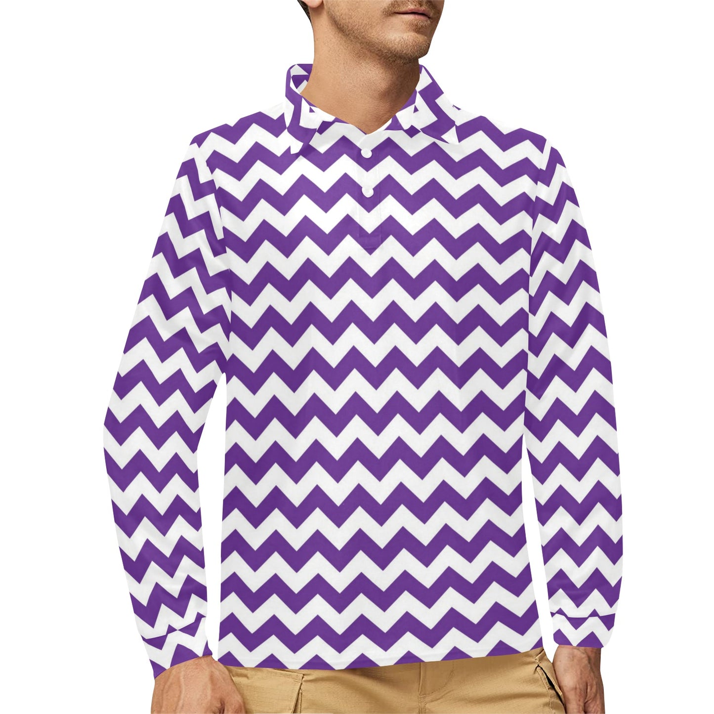 Chevron Purple Pattern Print Design 03 Long Sleeve Polo Shirt For Men's