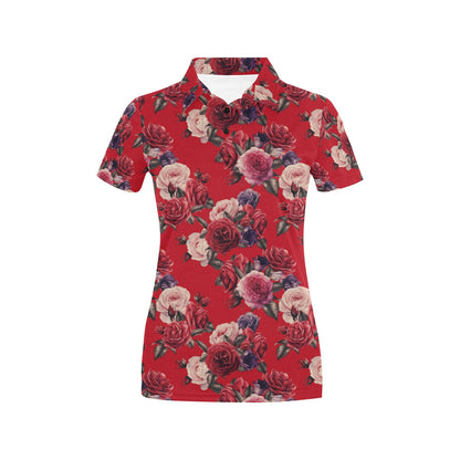 Rose Red Pattern Print Design RO07 Women's Polo Shirt