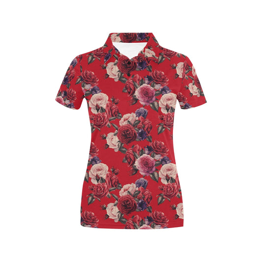 Rose Red Pattern Print Design RO07 Women's Polo Shirt