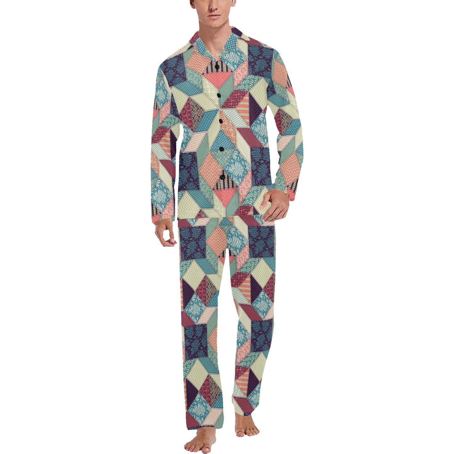 Patchwork Pattern Print Design 02 Men's Long Pajama Set