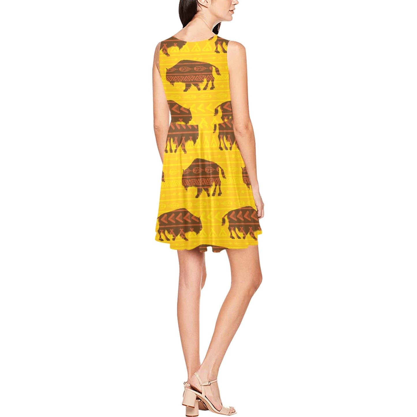 Bison Native Pattern Print Design 01 Sleeveless Dress