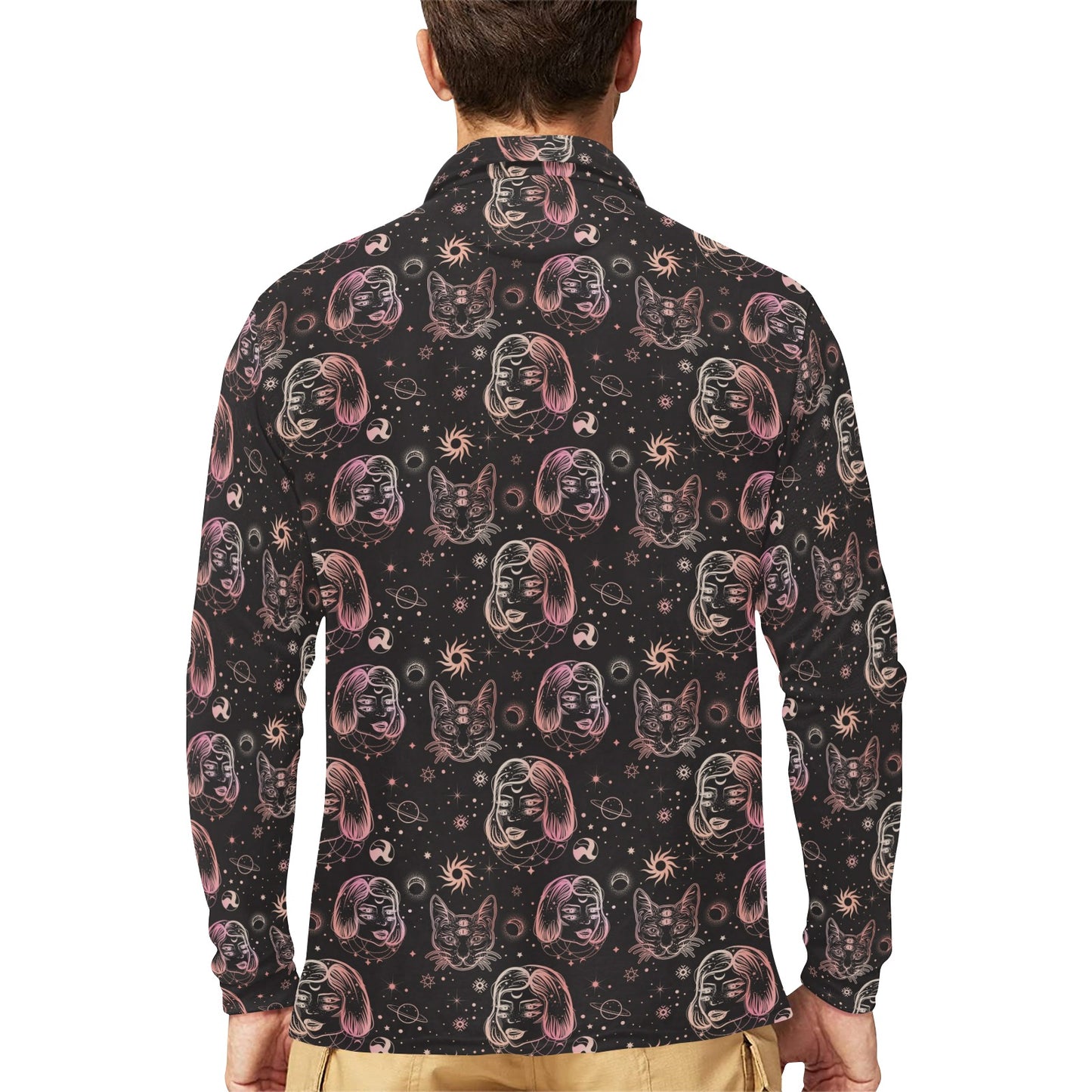 Third Eye Girl Cat Print Design LKS305 Long Sleeve Polo Shirt For Men's