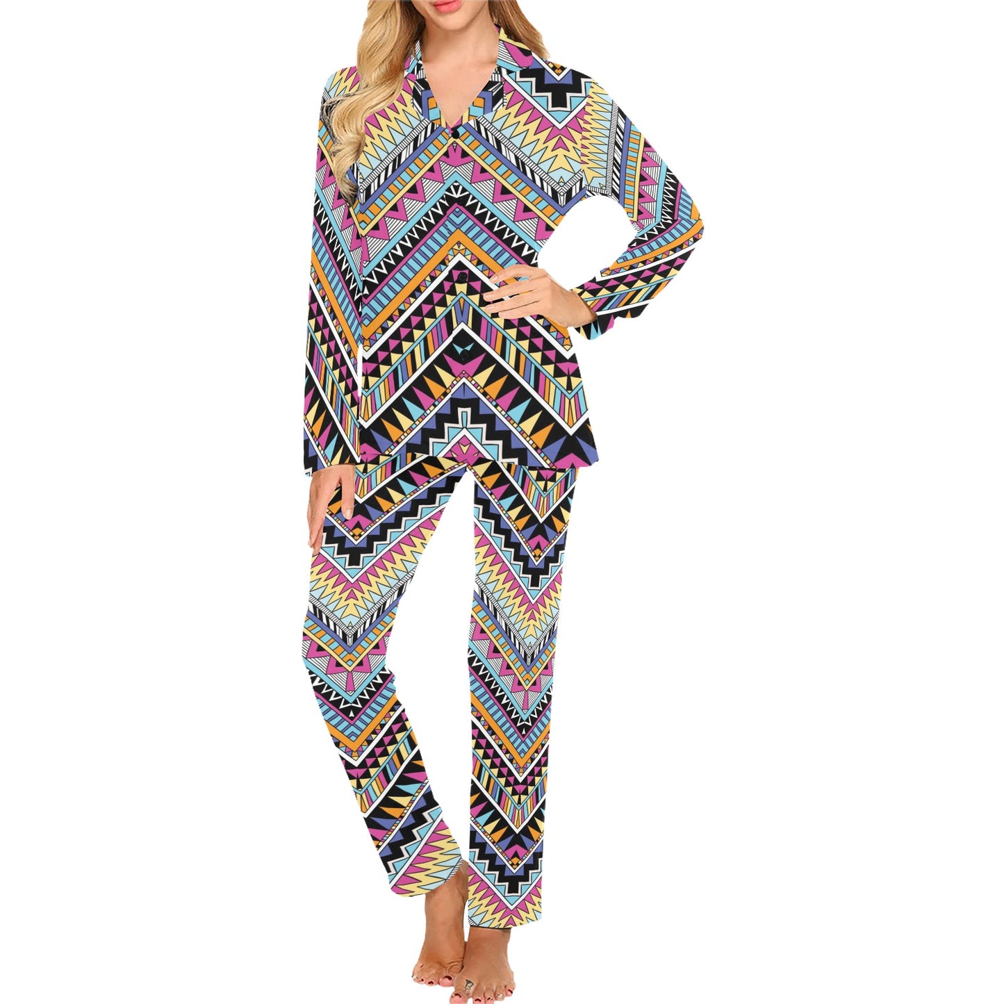 Multicolor zigzag Tribal Aztec Women's Long Pajama Set