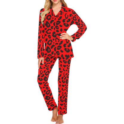 Leopard Red Skin Print Women's Long Pajama Set