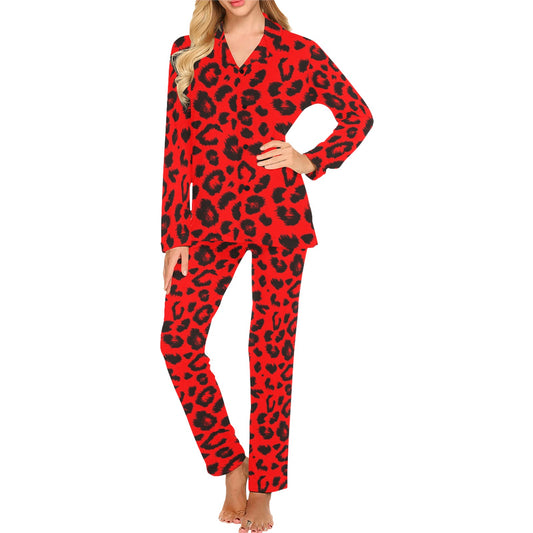 Leopard Red Skin Print Women's Long Pajama Set