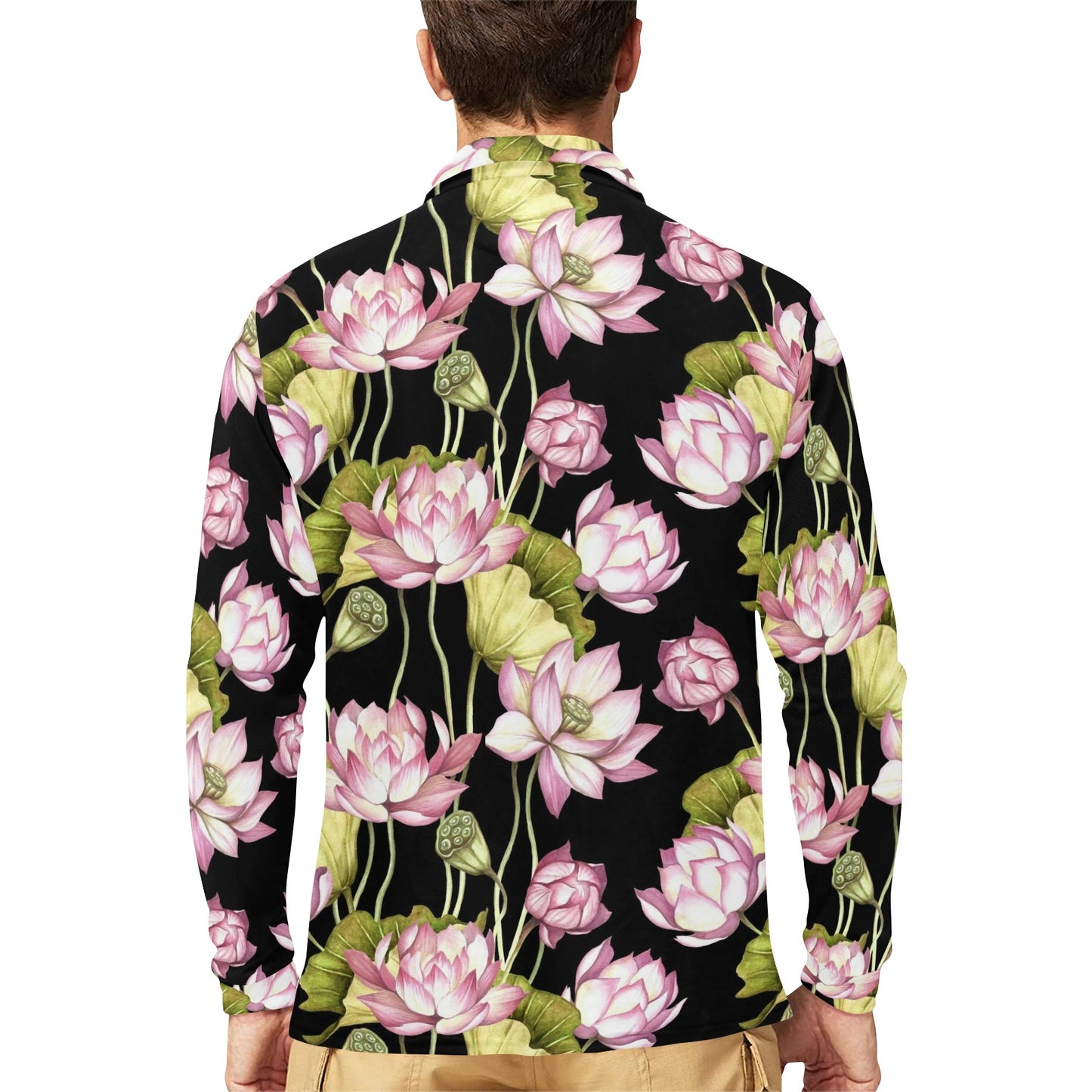 Water Lily Pattern Print Design WL06 Long Sleeve Polo Shirt For Men's