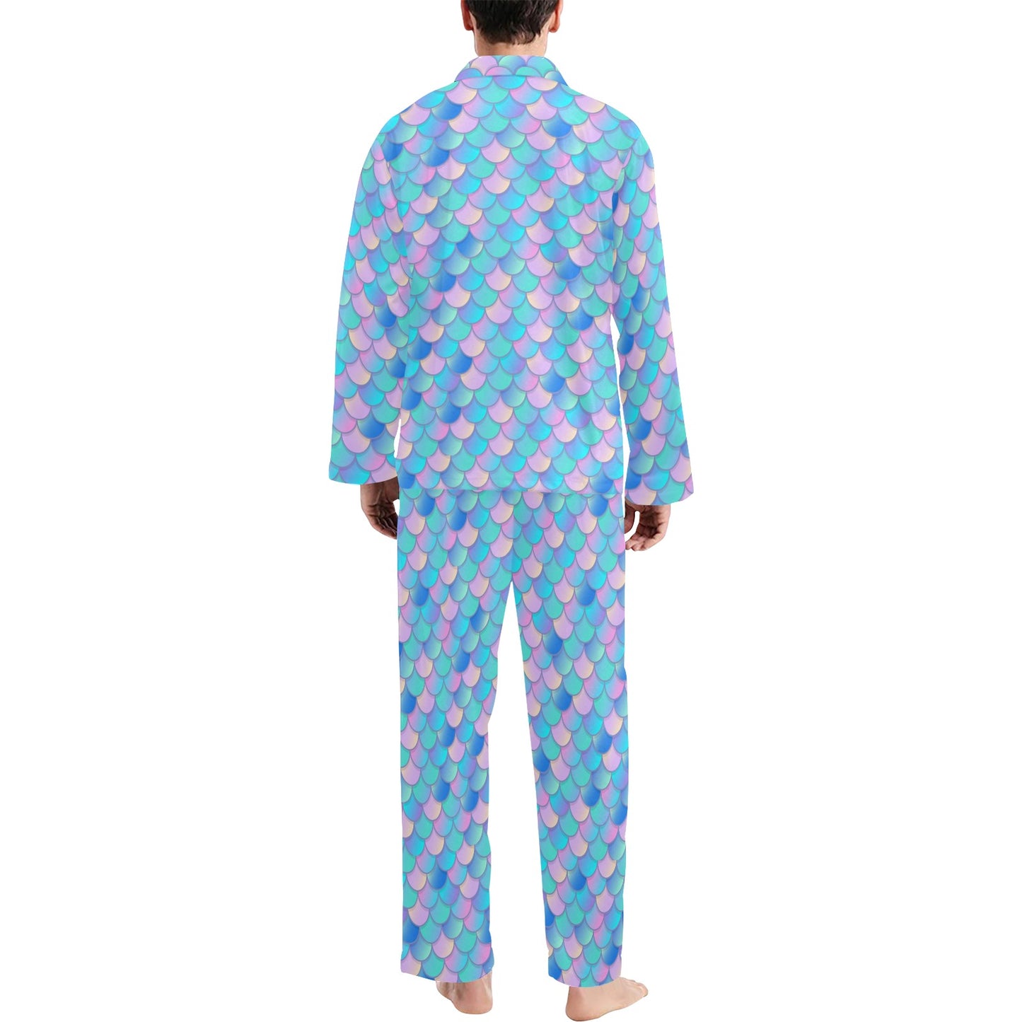 Mermaid Scales Pastel Pattern Print Design 07 Men's Long Pajama Set