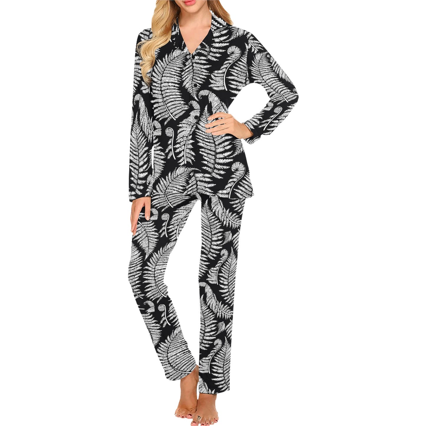Fern Leave Black White Print Pattern Women's Long Pajama Set