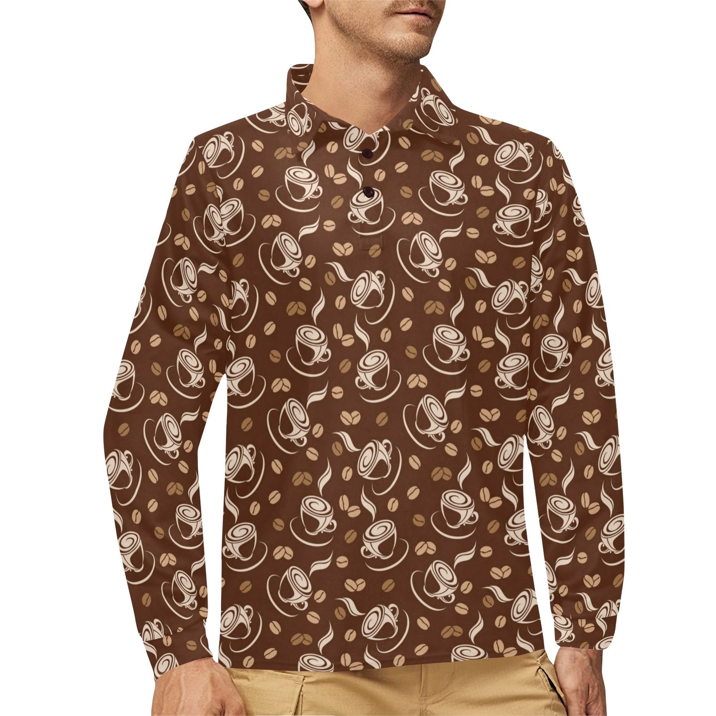 Coffee Pattern Print Design 03 Long Sleeve Polo Shirt For Men's
