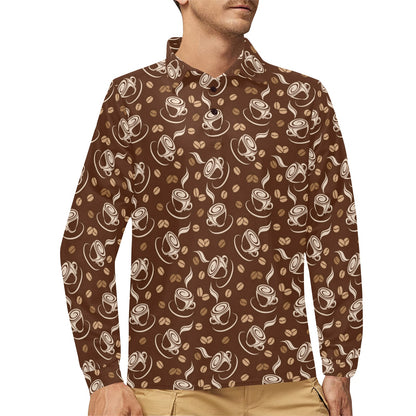 Coffee Pattern Print Design 03 Long Sleeve Polo Shirt For Men's