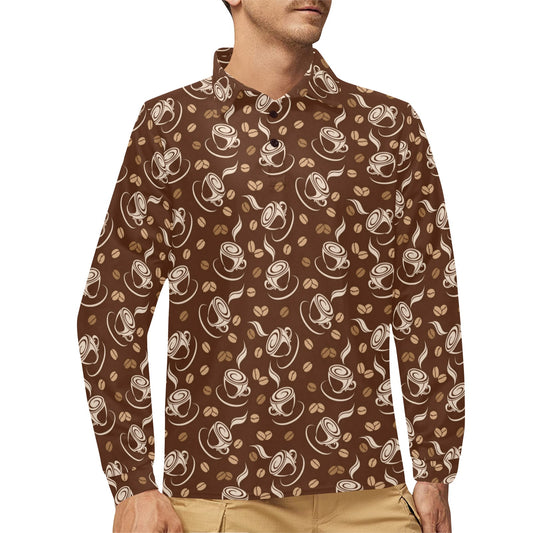 Coffee Pattern Print Design 03 Long Sleeve Polo Shirt For Men's