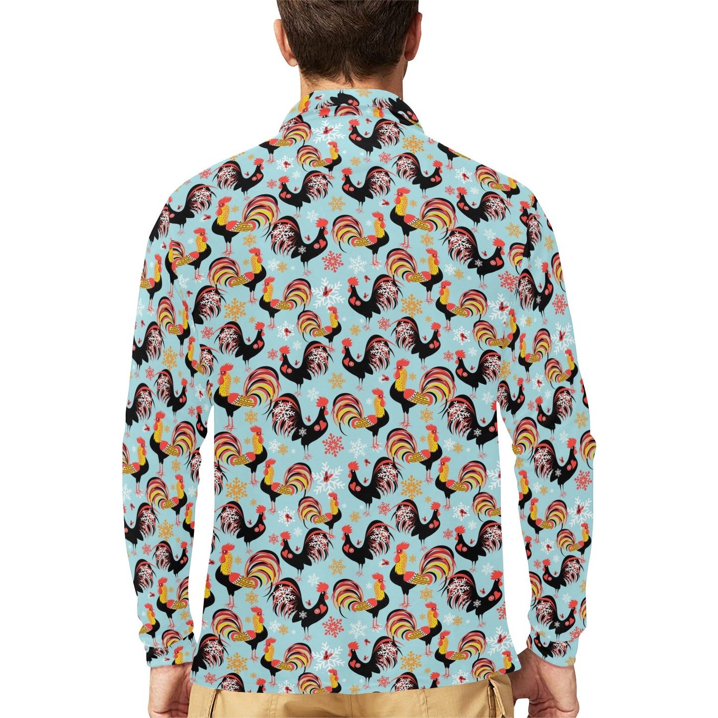 Rooster Themed Design Long Sleeve Polo Shirt For Men's