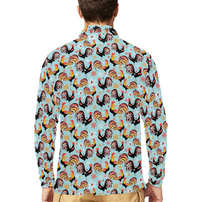 Rooster Themed Design Long Sleeve Polo Shirt For Men's
