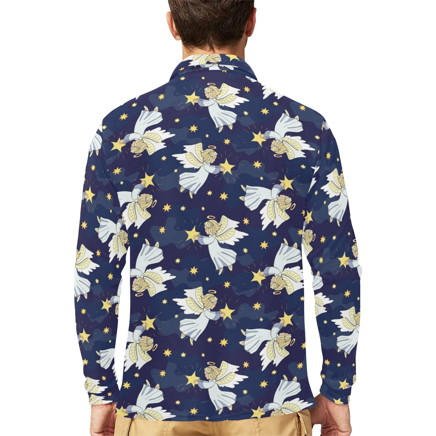 Angel Pattern Print Design 06 Long Sleeve Polo Shirt For Men's