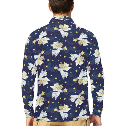Angel Pattern Print Design 06 Long Sleeve Polo Shirt For Men's