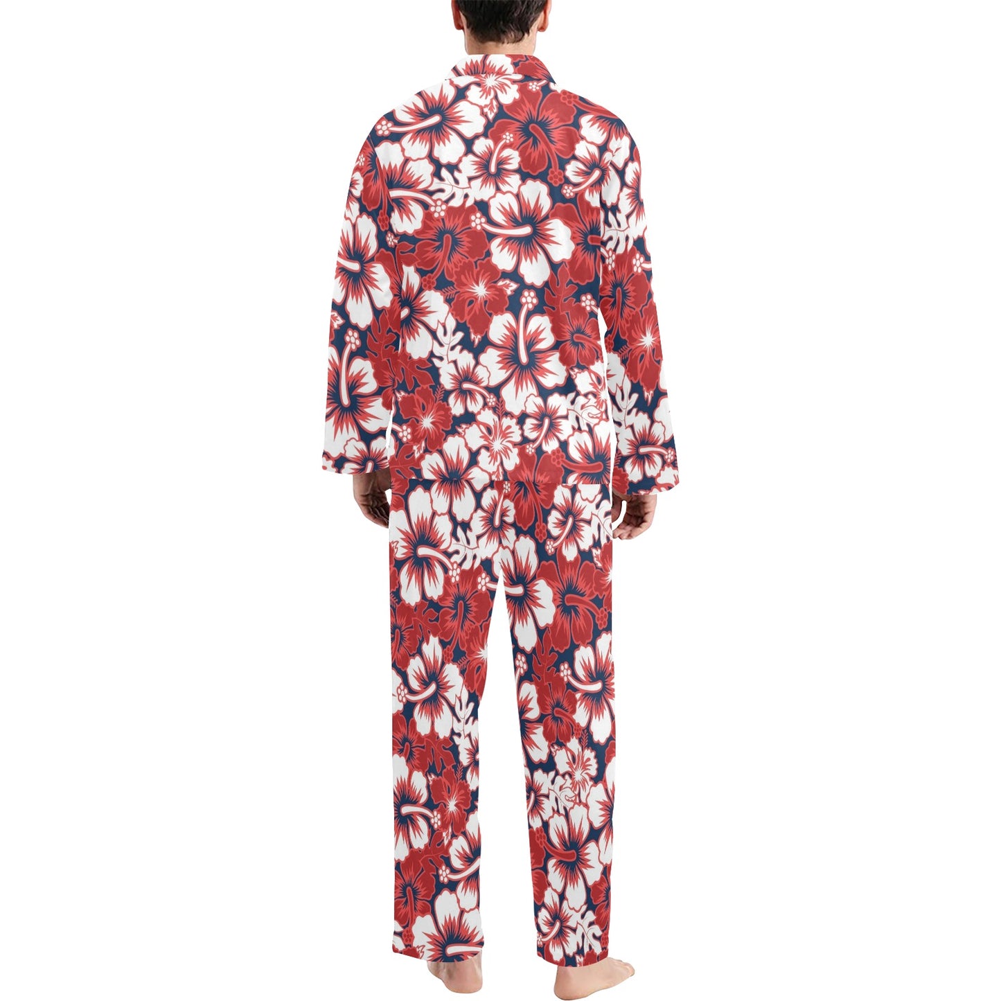 Red Hibiscus Pattern Print Design HB01 Men's Long Pajama Set