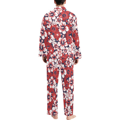 Red Hibiscus Pattern Print Design HB01 Men's Long Pajama Set