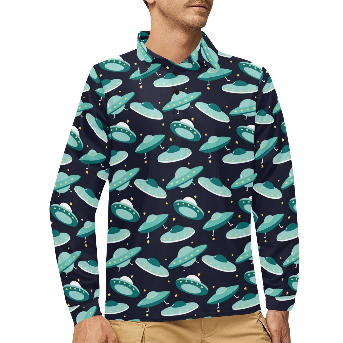 UFO Print Design LKS304 Long Sleeve Polo Shirt For Men's