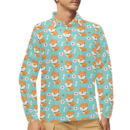 Shiba Inu Print Design LKS3013 Long Sleeve Polo Shirt For Men's