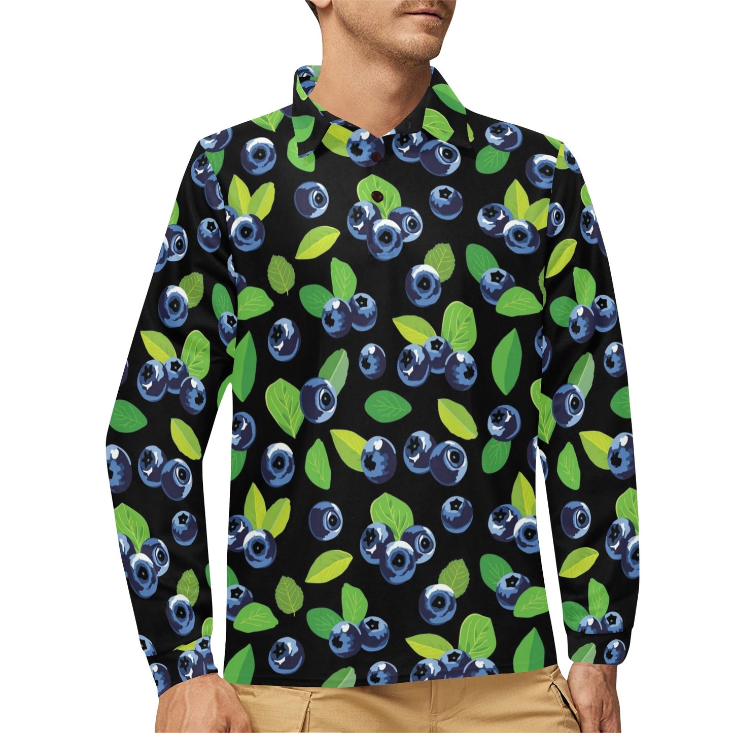 Blueberry Pattern Print Design BB03 Long Sleeve Polo Shirt For Men's