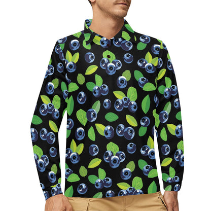 Blueberry Pattern Print Design BB03 Long Sleeve Polo Shirt For Men's