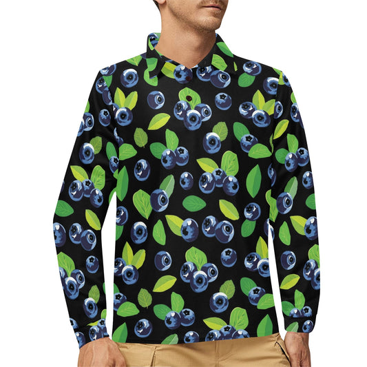 Blueberry Pattern Print Design BB03 Long Sleeve Polo Shirt For Men's