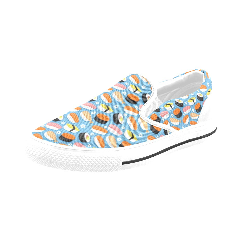 Sushi Print Design LKS304 White Slip Ons Canvas Women's Shoes