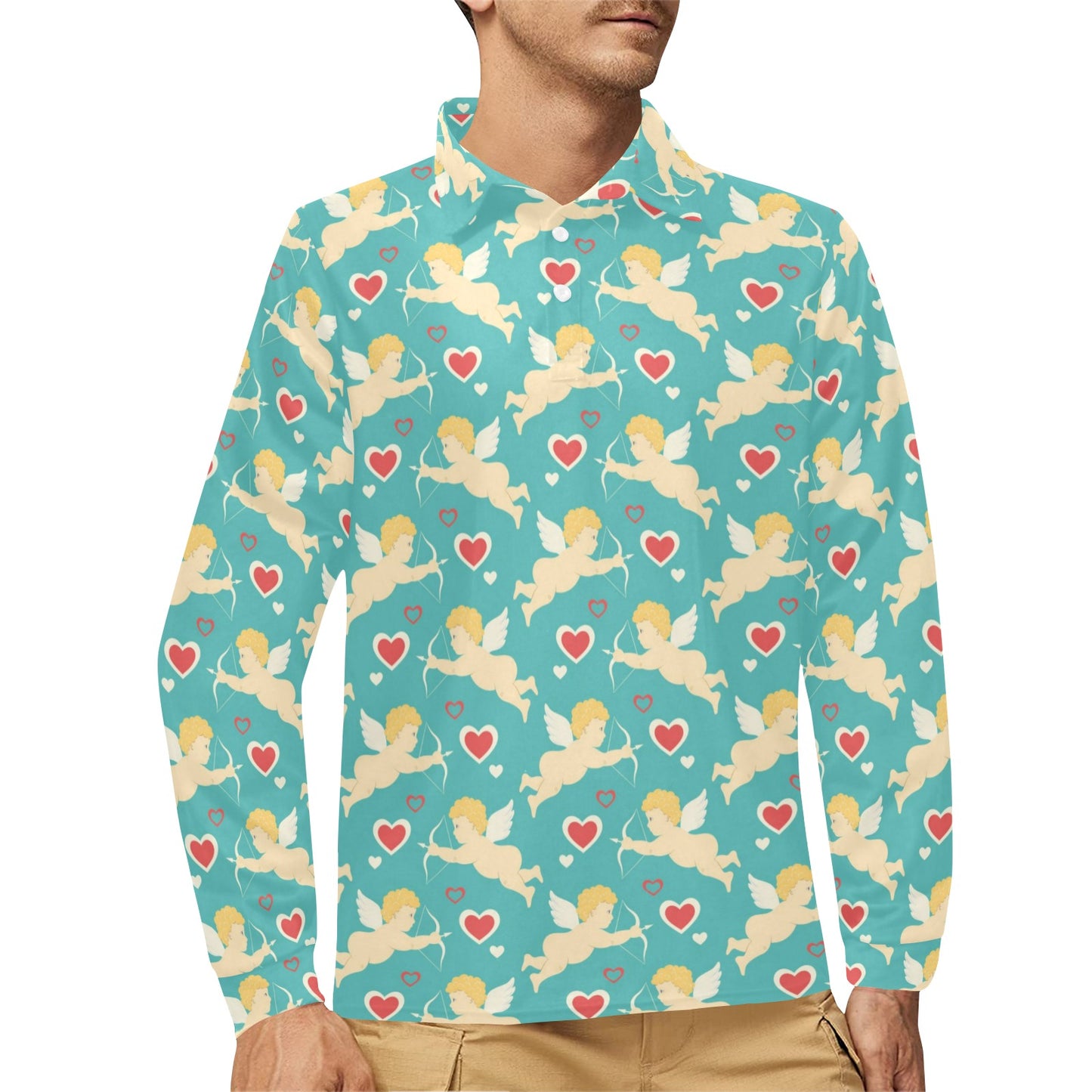 Cupid Pattern Print Design 01 Long Sleeve Polo Shirt For Men's