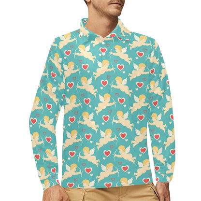 Cupid Pattern Print Design 01 Long Sleeve Polo Shirt For Men's