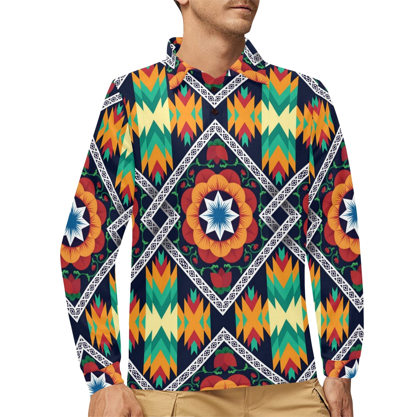 African Kente Long Sleeve Polo Shirt For Men's