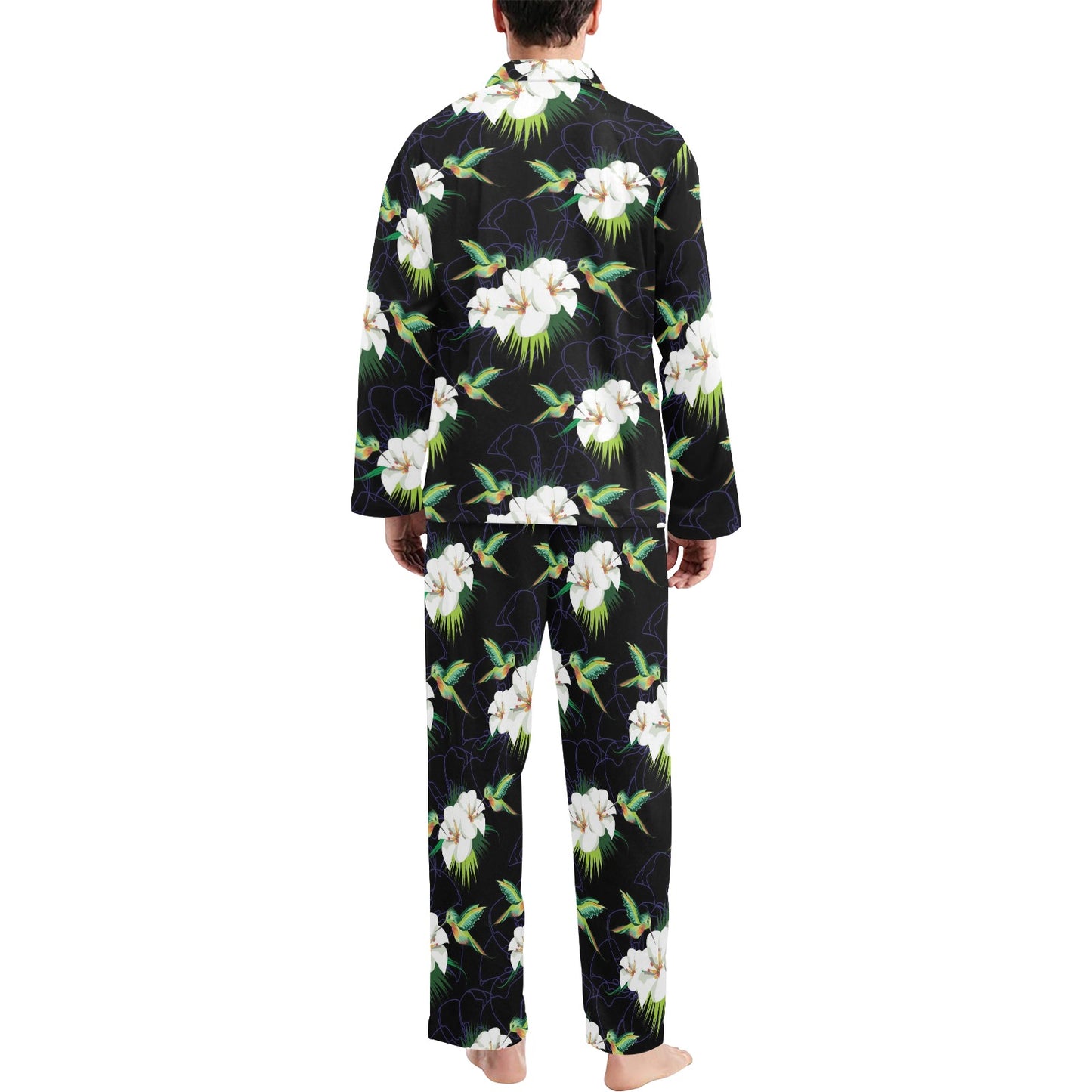 Hummingbird with Flower Pattern Print Design 03 Men's Long Pajama Set