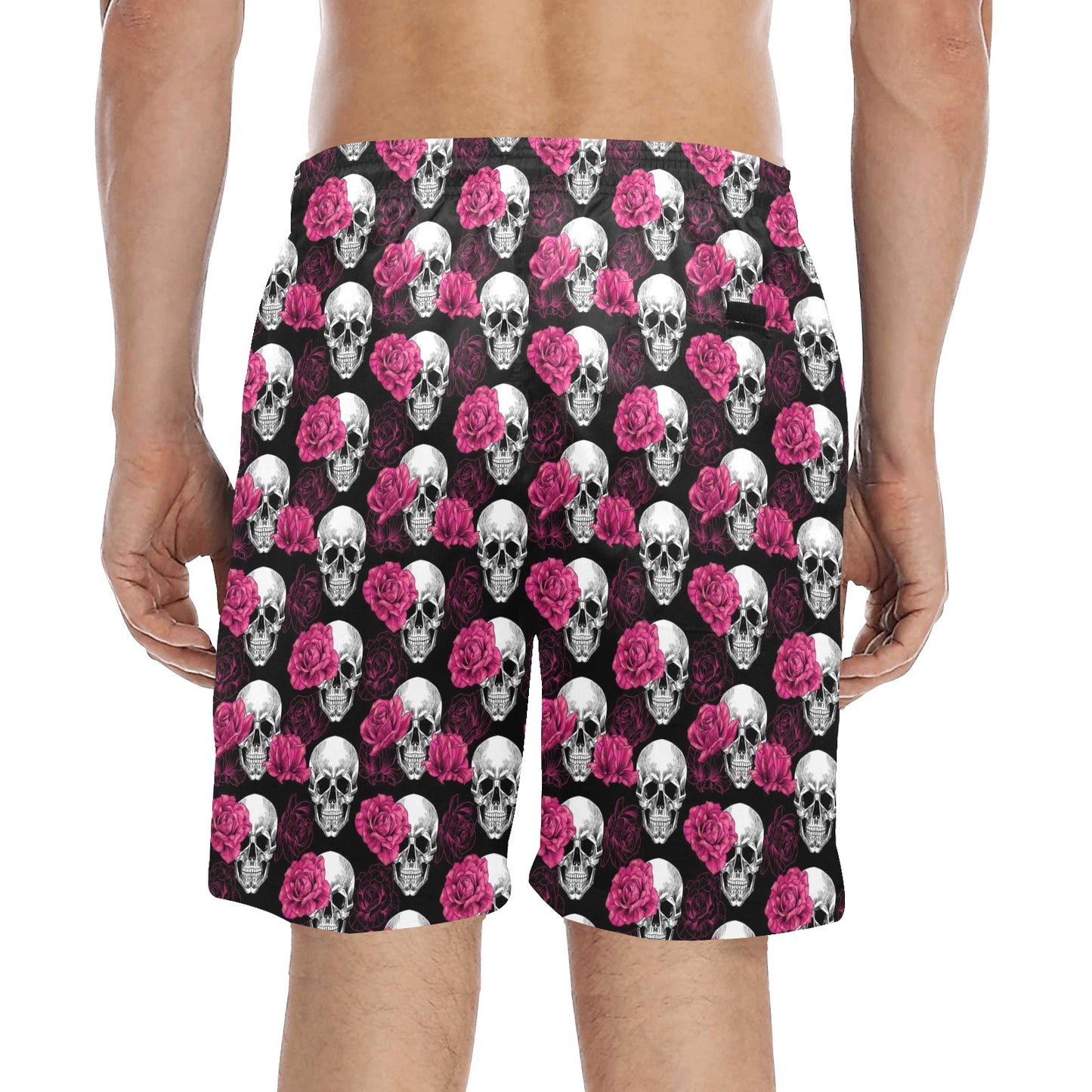 Pink Rose Skull Themed Print Men's Swim Trunks Beach Shorts