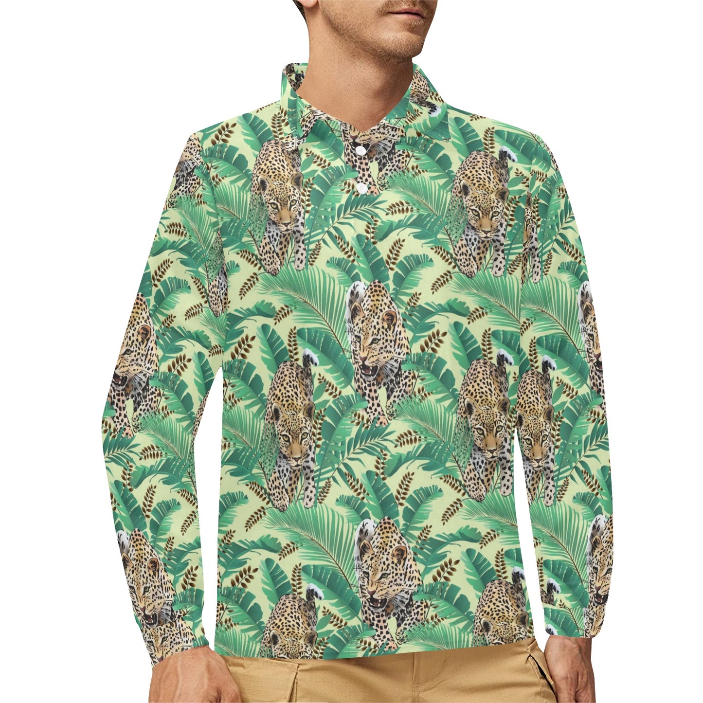 Leopard Pattern Print Design 03 Long Sleeve Polo Shirt For Men's