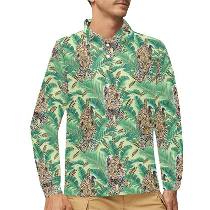 Leopard Pattern Print Design 03 Long Sleeve Polo Shirt For Men's