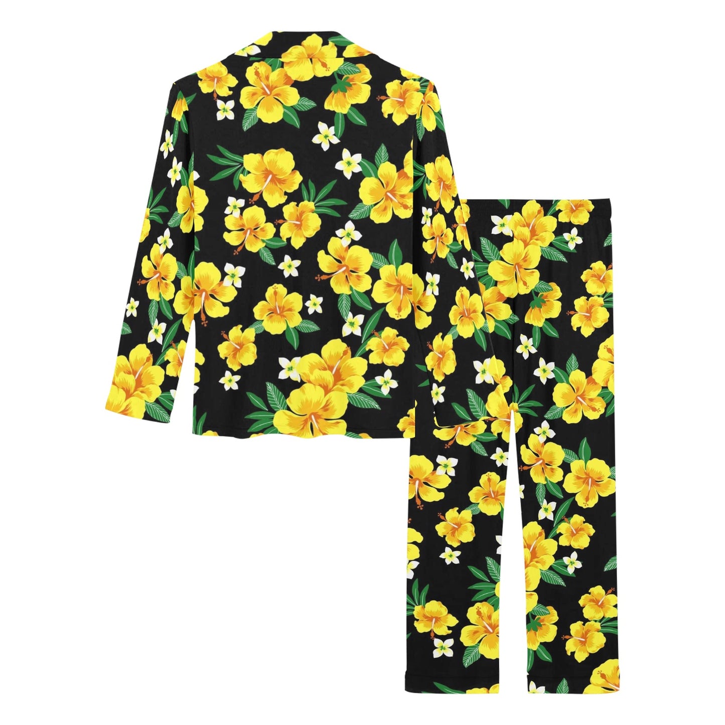 Yellow Hibiscus Pattern Print Design HB08 Women's Long Pajama Set