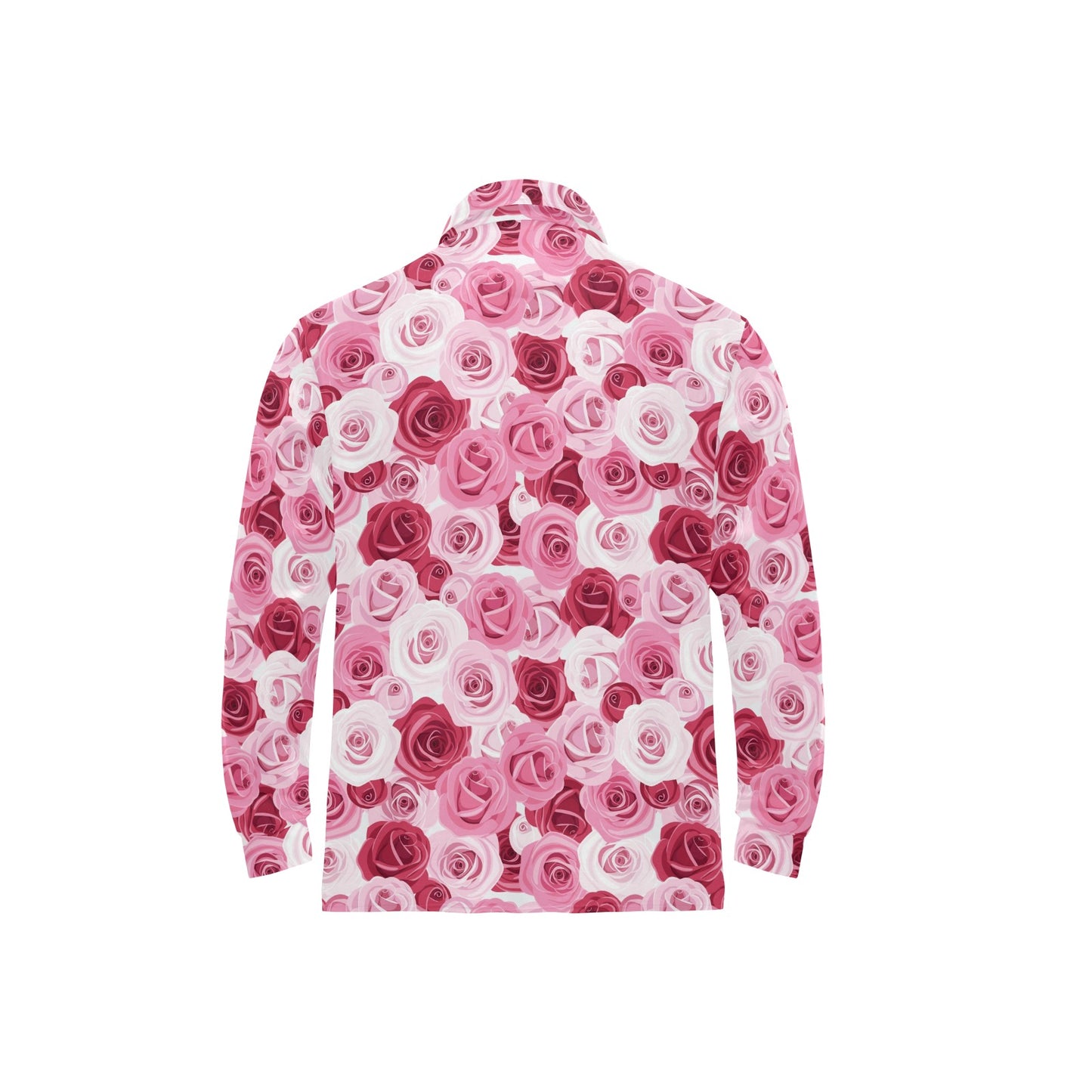 Pink Red Rose Pattern Print Long Sleeve Polo Shirt For Men's