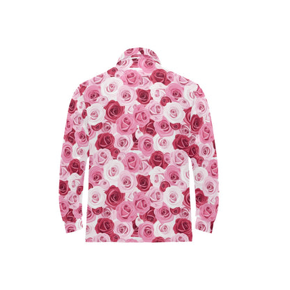 Pink Red Rose Pattern Print Long Sleeve Polo Shirt For Men's