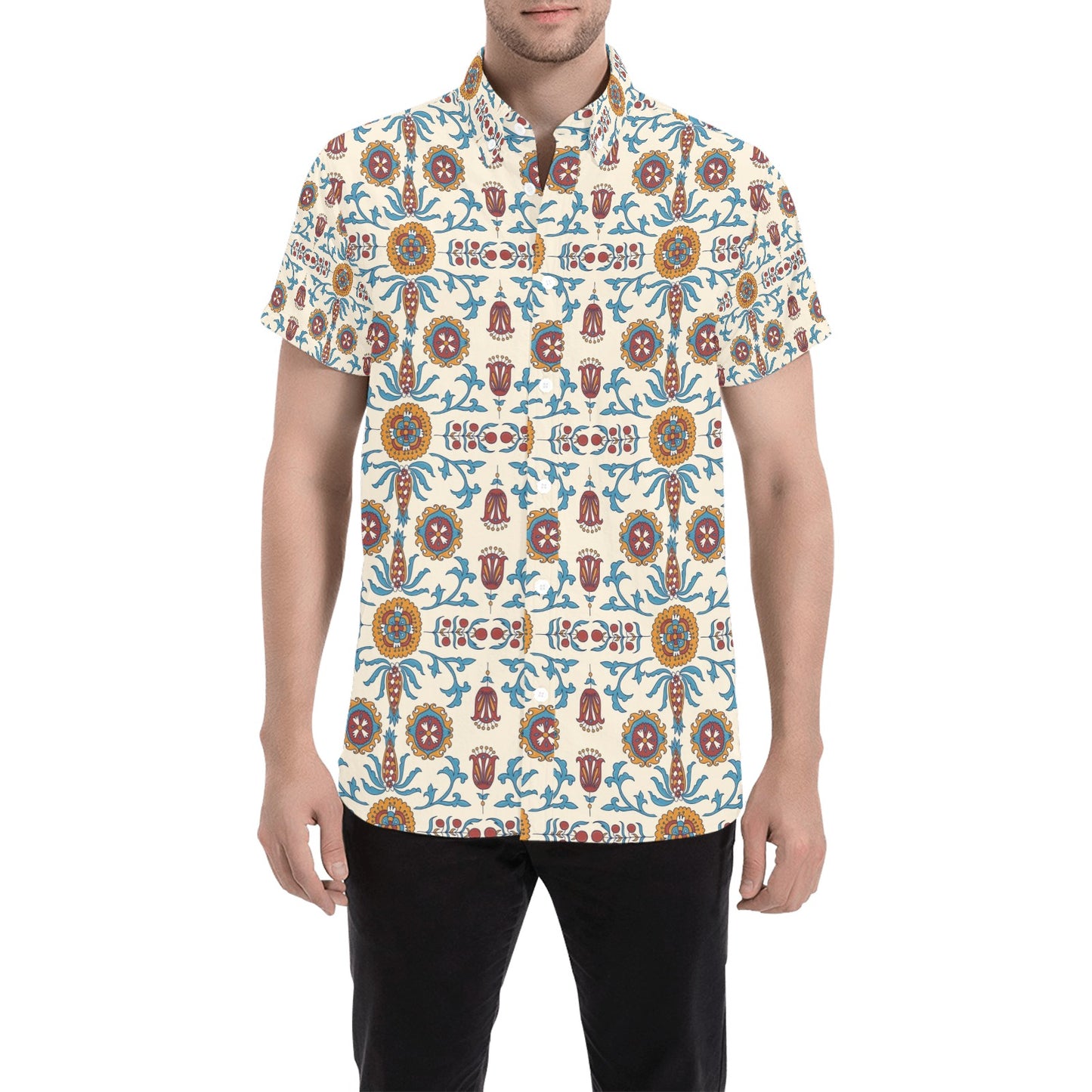 Suzani Print Design LKS301 Men Short Sleeve Button Up Shirt