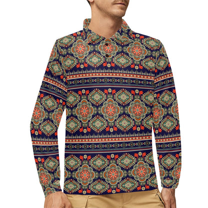 Ethnic Geometric Print Pattern Long Sleeve Polo Shirt For Men's