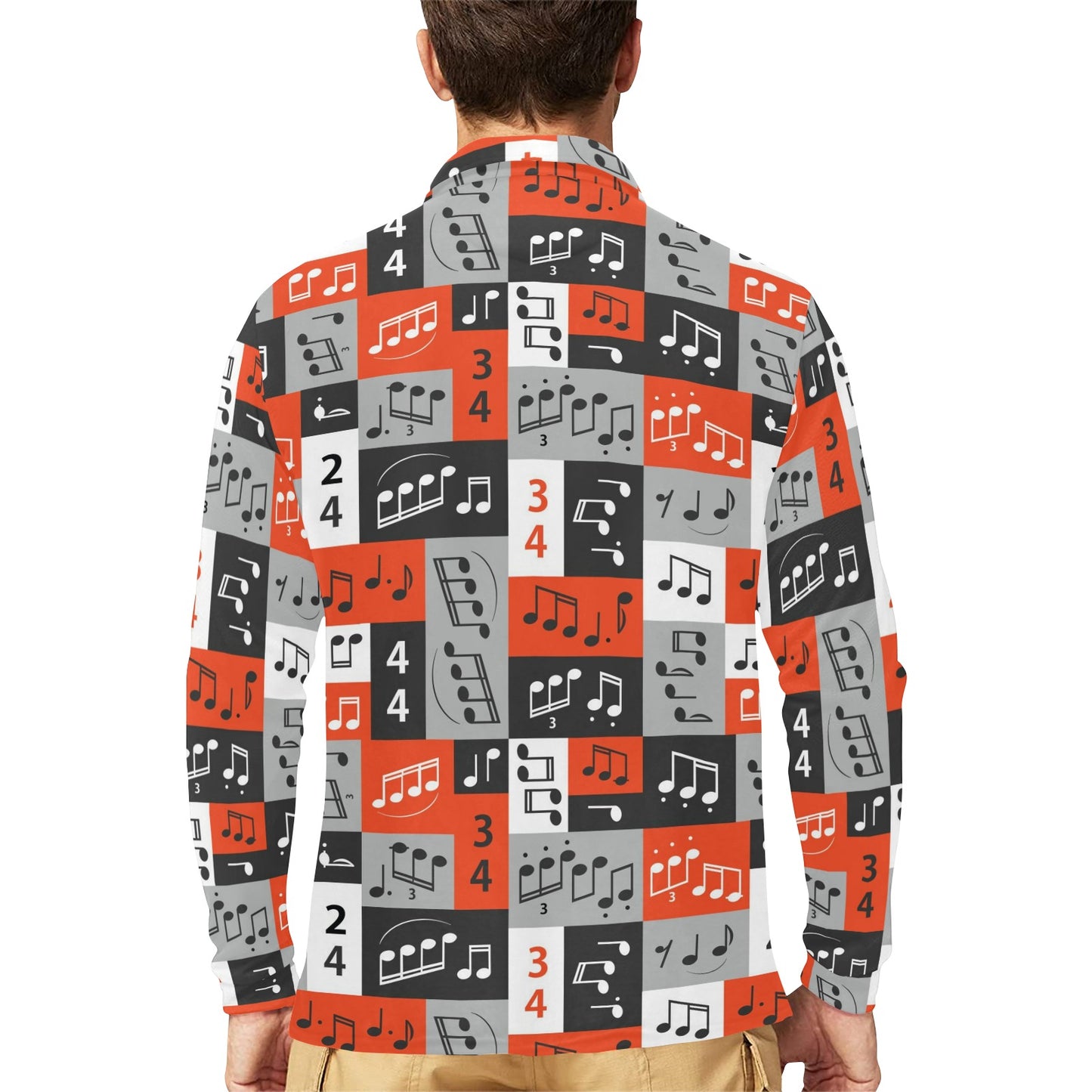 Music Note Design Themed Print Long Sleeve Polo Shirt For Men's