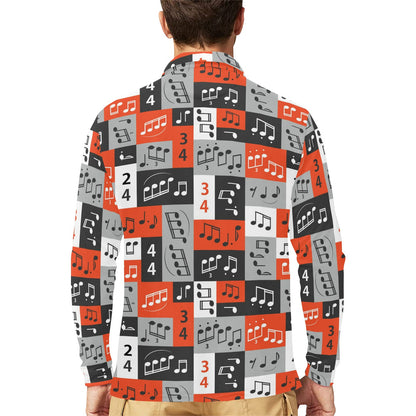 Music Note Design Themed Print Long Sleeve Polo Shirt For Men's
