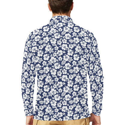 Hibiscus Blue Hawaiian Flower Style Long Sleeve Polo Shirt For Men's
